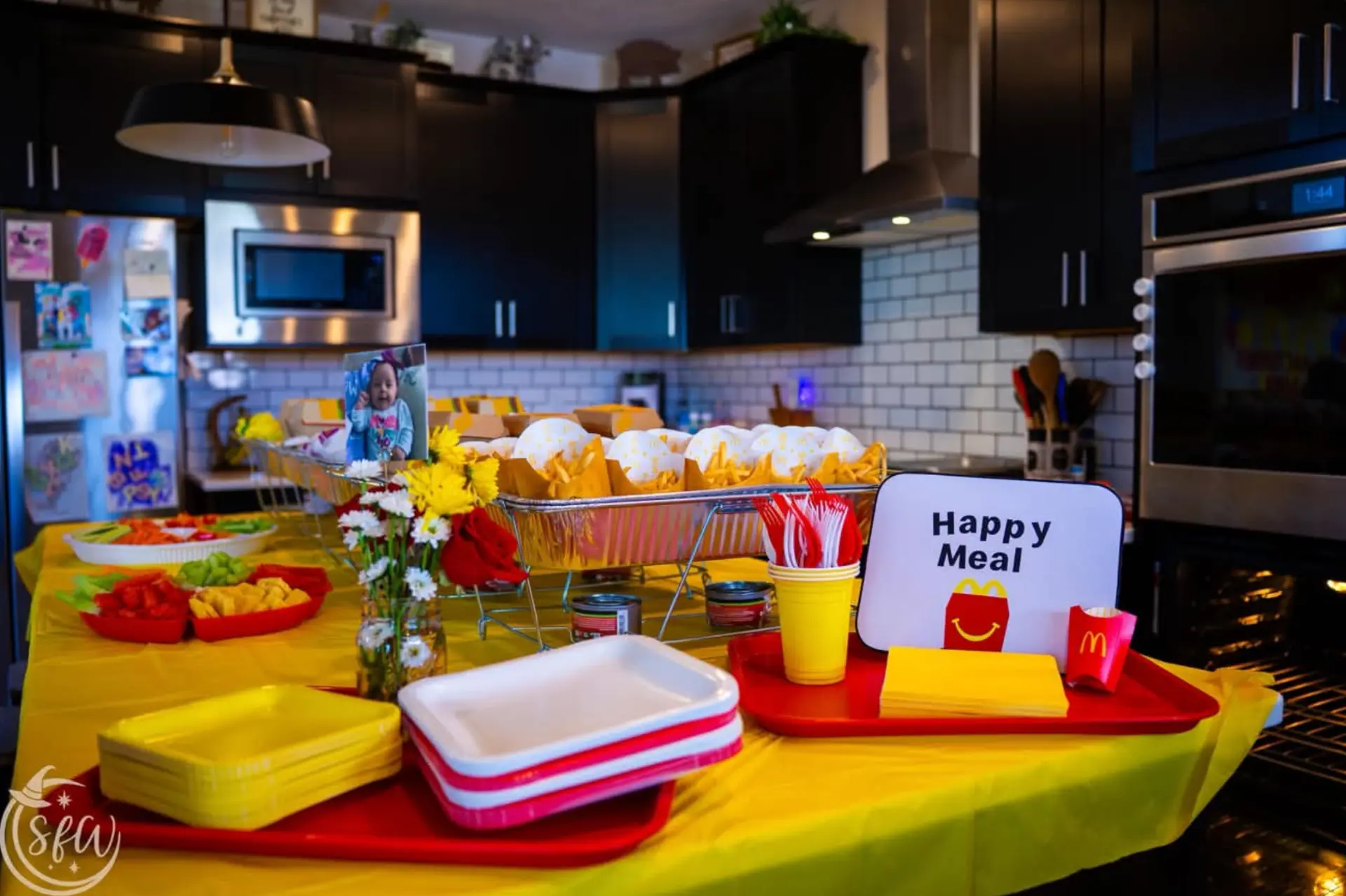 Themed birthday food station with trays, fries and custom signage