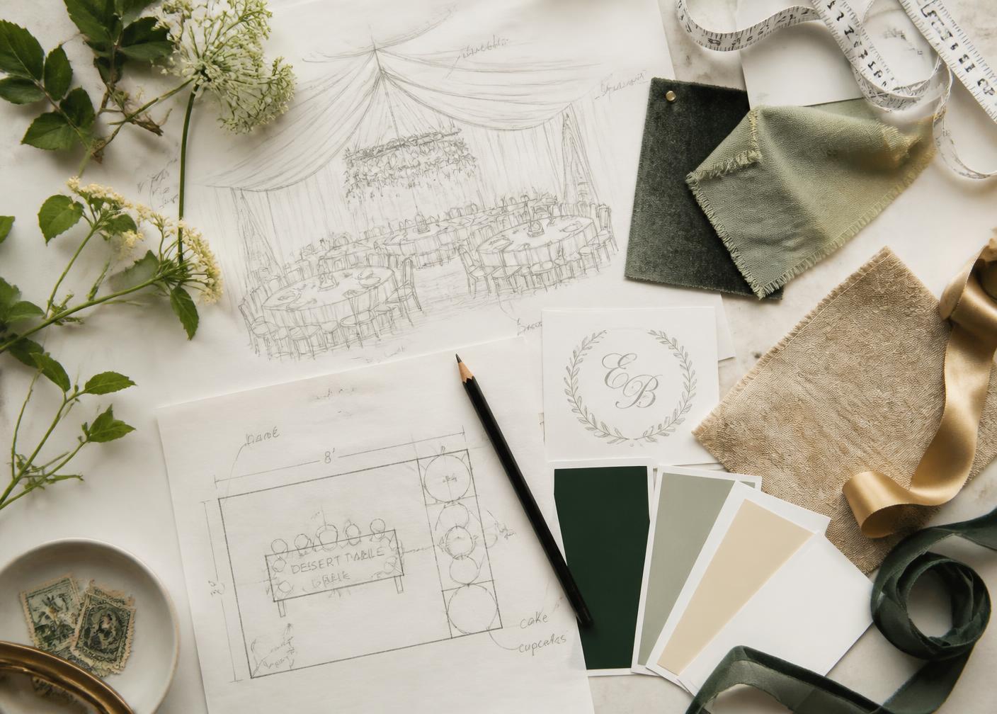 Event planning flat-lay with pencil sketches, floor plan, fabric swatches and colour cards
